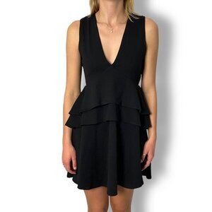Susana Monaco Black Peplum Tiered Dress, Low V Neck, Sleeveless, Sz M Stretch